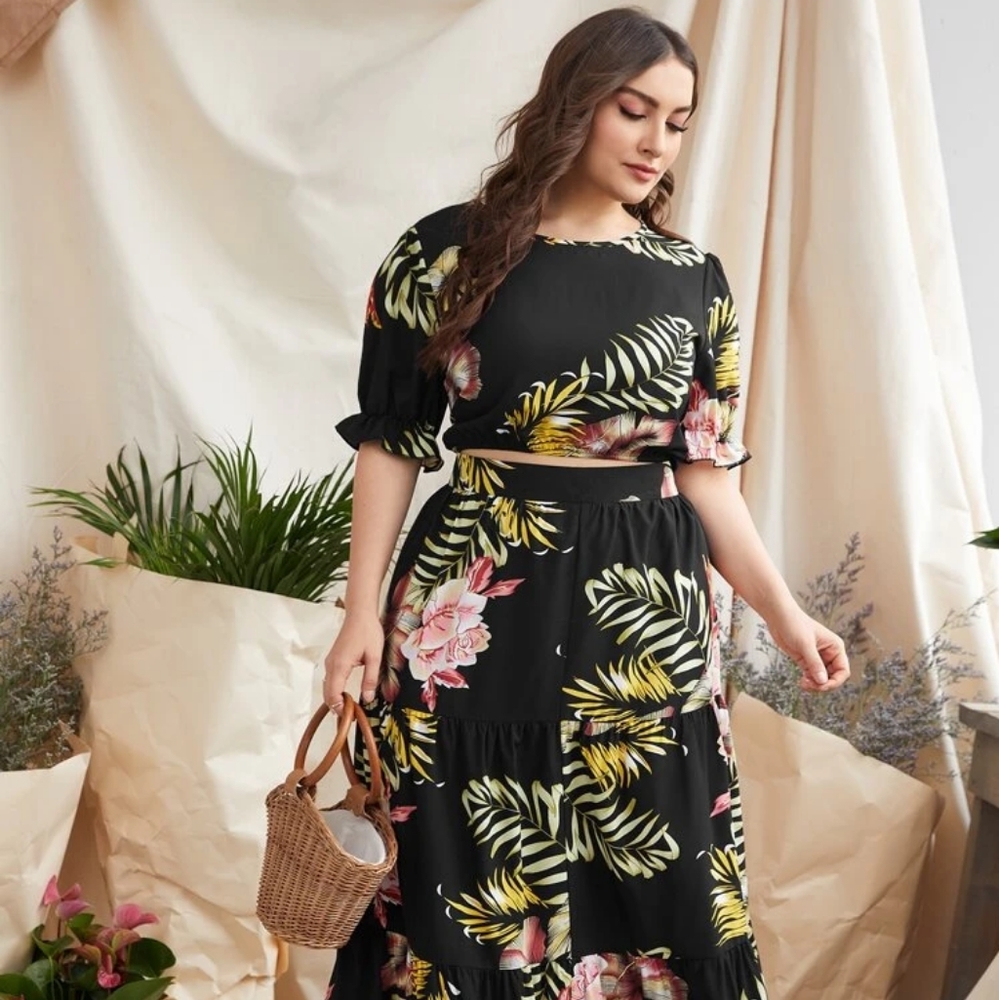 SHEIN Size 2XL Leaf & Floral Top & Skirt Tropical 2-piece Skirt Set, Black